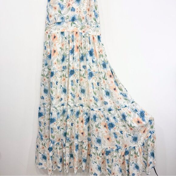 Penelope Rose White Blue Peach Floral V Neck Tiered Maxi Tank Dress NEW - Picture 5 of 16